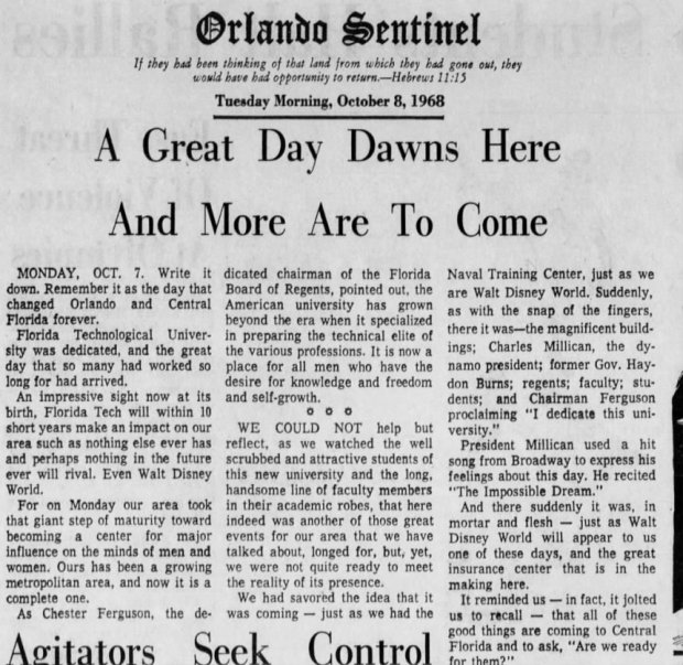 An Orlando Sentinel editorial about the opening of Florida Technological University, what would be later renamed the University of Central Florida, that ran Oct. 8, 1968. (Orlando Sentinel file)