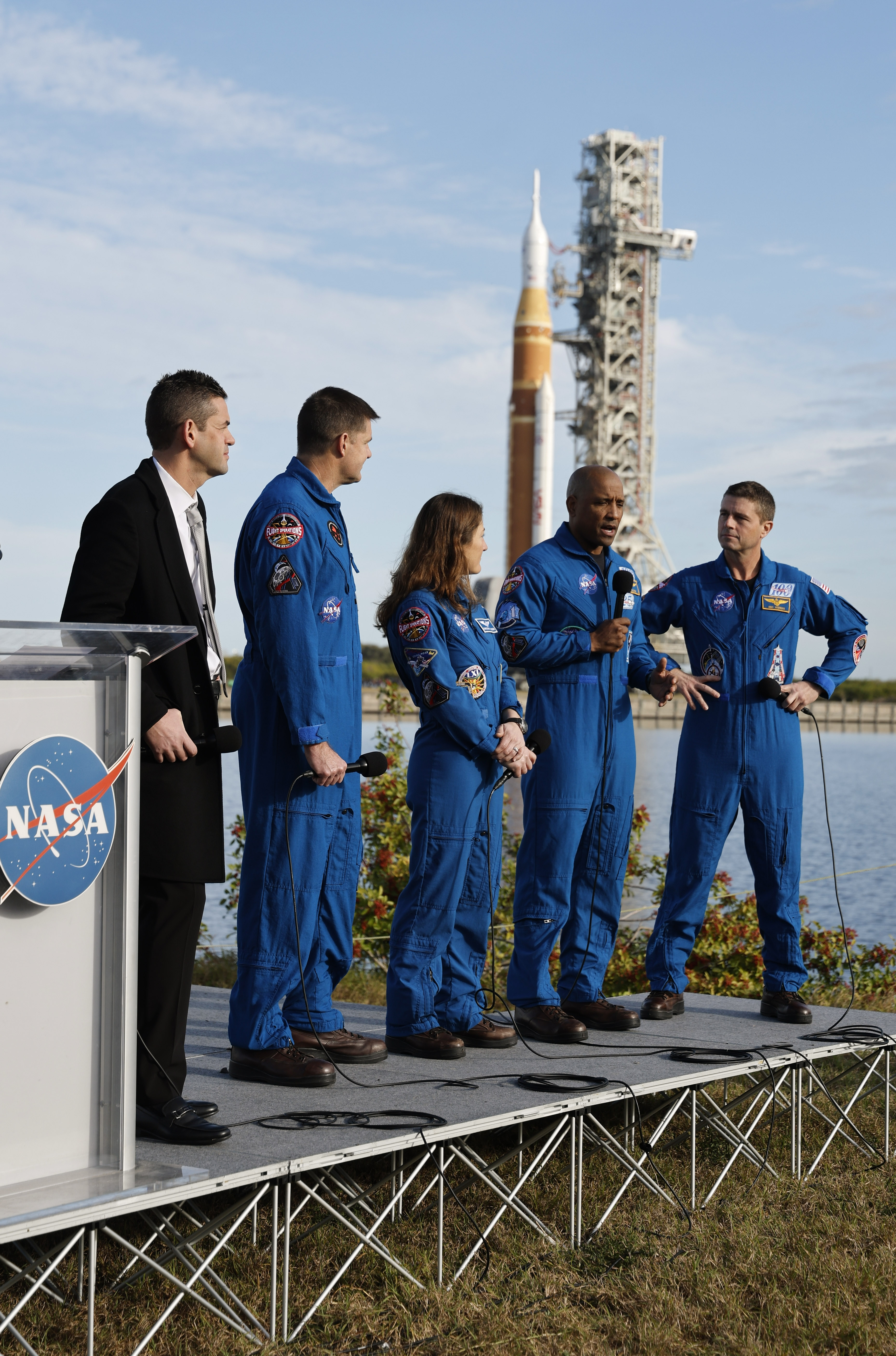Left to Right, NASA administrator Jared Isaacman; the Artemis II...