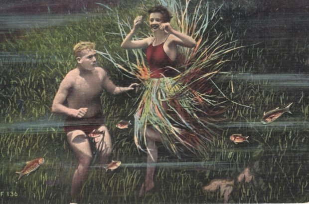 The swimmer at left in this postcard scene is very probably a young Newton "Newt" Perry, who learned underwater swimming as a youth at Silver Springs and later founded the mermaid shows at Weeki Wachee in 1947. (Collection of Joy Wallace Dickinson)