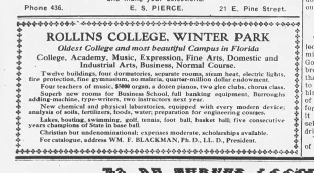 An advertisement for Rollins College that appeared in the Orlando Evening Star on June 12, 1911. (Orlando Sentinel file)