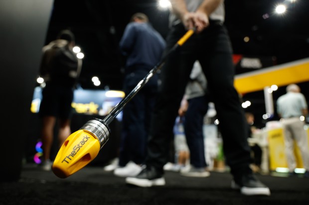 The Stack golf speed training system, on display Jan. 22 at the PGA Show at the Orange County Convention Center uses radar to send swing stats read by the device to the TheStack app, charting personalized information on the user's swing dynamics. (Rich Pope, Orlando Sentinel)