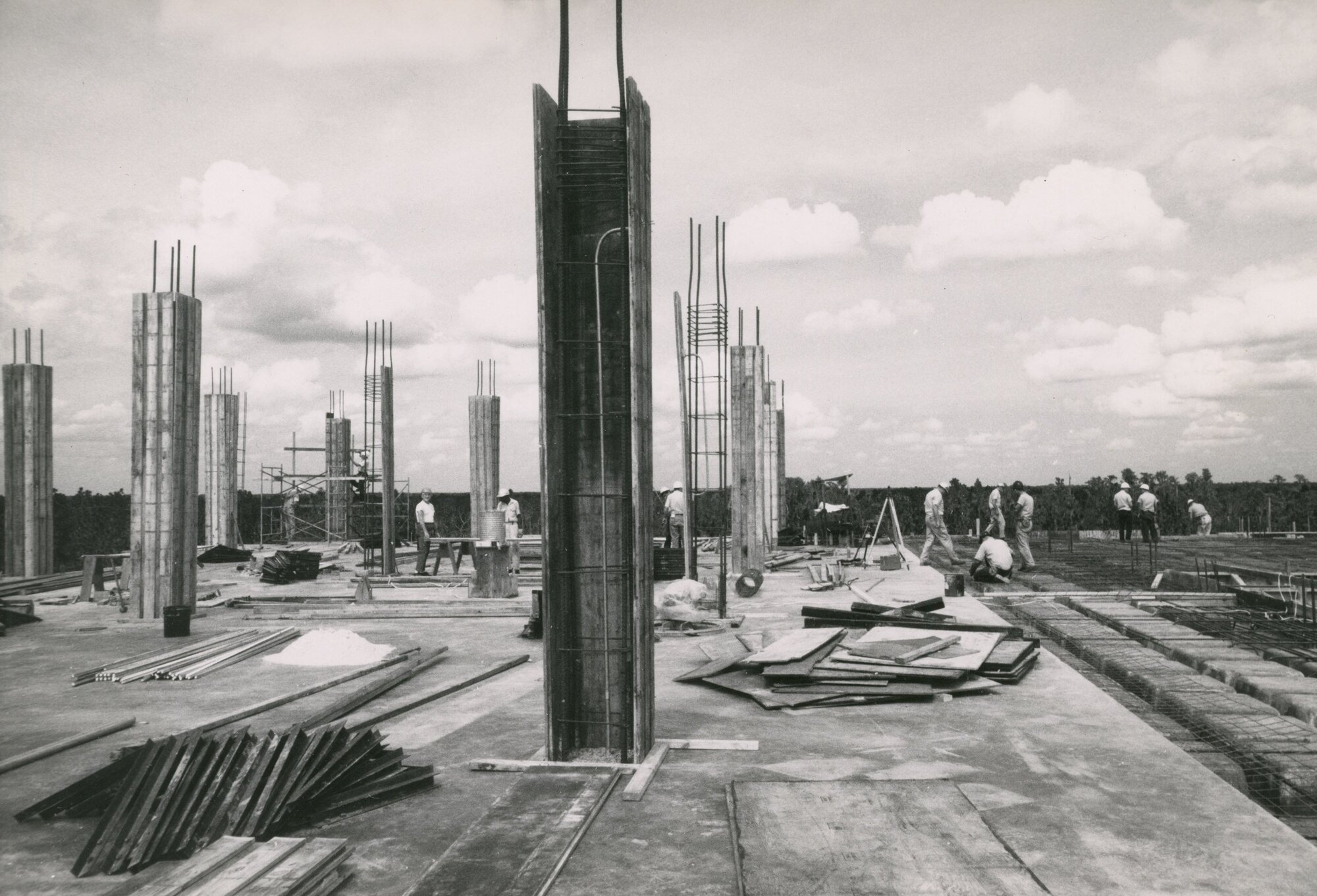 Construction workers shown on the third floor of Florida Technological...