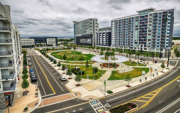 View of Luminary Green park in the Creative Village on April 22, 2024. (Ricardo Ramirez Buxeda/ Orlando Sentinel)
