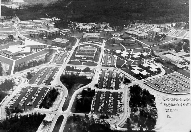 Aerial view, looking east, of the FTU campus taken on Nov. 11, 1977. The administration building is in middle top with the library behind it. (Sentinel file)