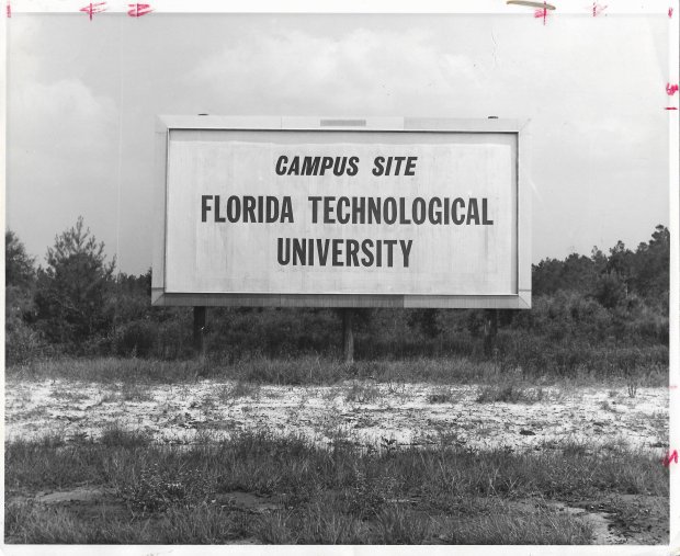 This billboard from November 1966 marks the spot where "Space U.", Florida Technological University, would be built in eastern Orange County. (Sentinel file)