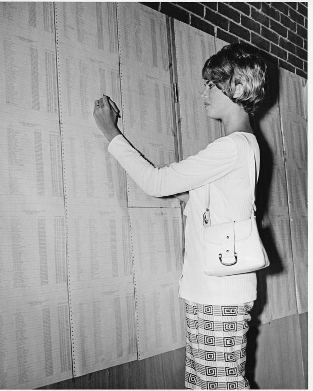 FTU junior Patricia Howland looks over various courses being offered for students and the rooms where they are located in this September 1970 photo. (Sentinel file)