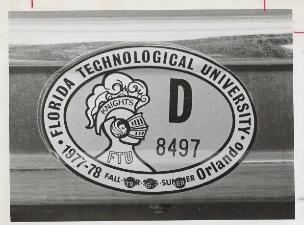 A Florida Technological University student parking sticker from the 1977-78 school year. Note the original FTU Knights logo on the sticker. (Sentinel file)