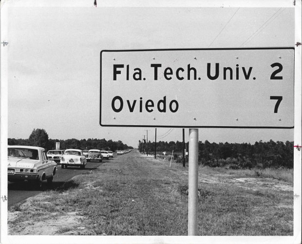 Traffic was backed on the then-2-lane Alafaya Trail from FTU all the way to Colonial Drive when 12,000 are residents showed up to attend an open house at the new university in October 1968. (Sentinel file)