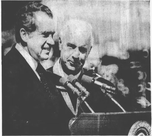 President Richard Nixon stands with FTU President Charles Millican as Nixon gives the commencement speech to FTU's graduating class on June 8, 1973. "If President Nixon needed any tonic for a Watergate-beleaguered spirit, he received it Friday at Florida Technological University in Orlando where he told graduates it would be the American spirit and genius that would bring lasting peace and prosperity to the world," the Sentinel Star reported. (Sentinel file)