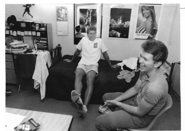 UCF students Jeremey Smith and Pat Ryan joke around in their dorm room in September 1990. (Sentinel file)