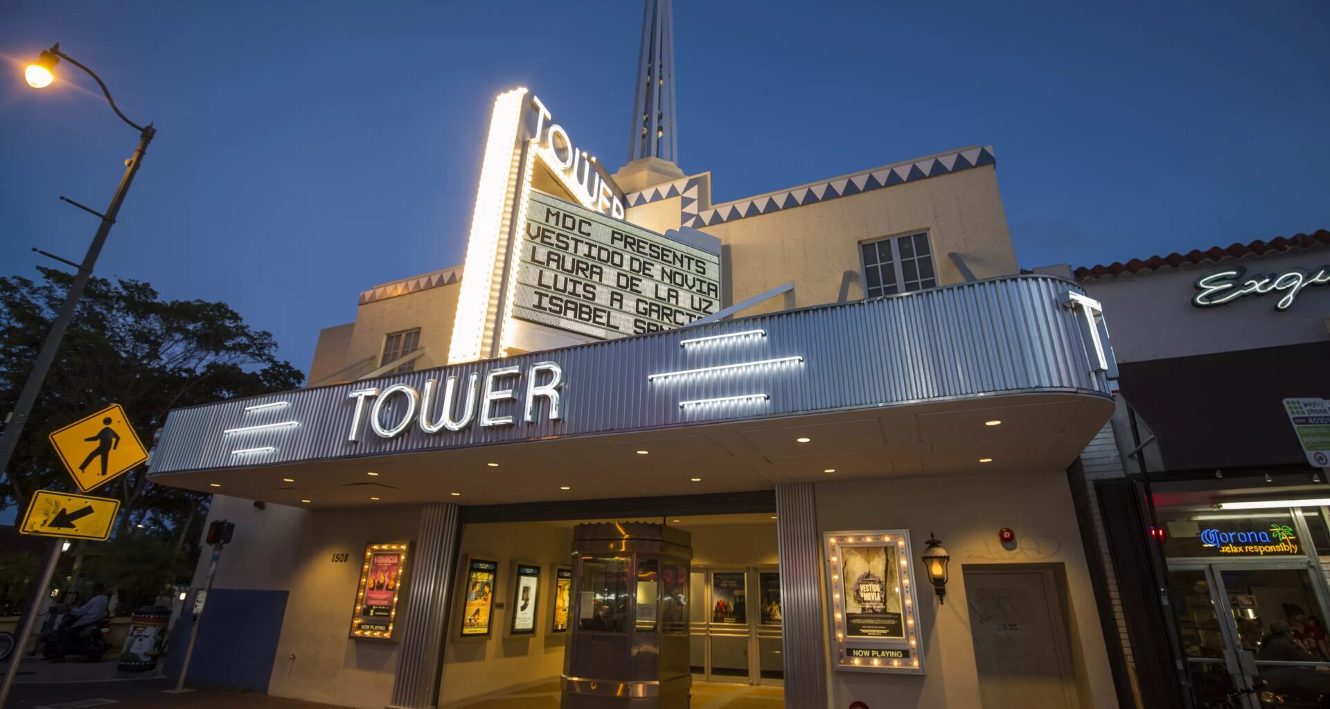 photo of the Tower theater lit up at night