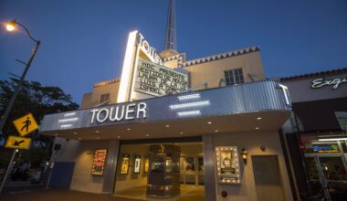 photo of the Tower theater lit up at night