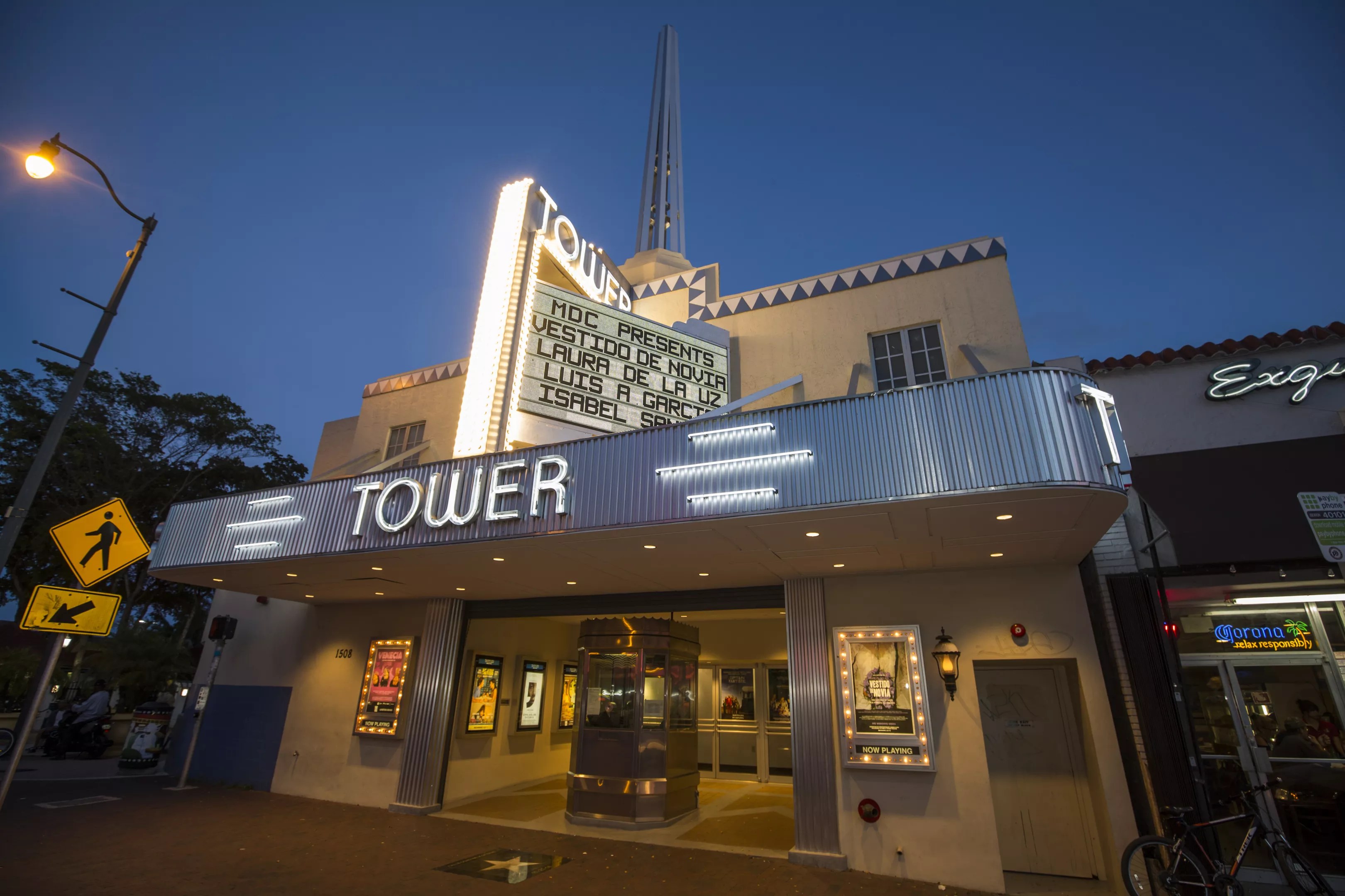 photo of the Tower theater lit up at night