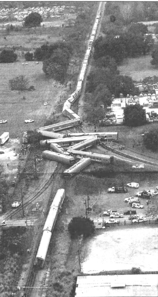 In this 1994 photo, railroad cars lie scattered in Lakeland after part of the Orlando-bound circus train with 53 cars derailed. Witnesses said they saw a boxcar lose a wheel. (Sentinel file)