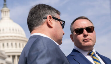 Alexander Vindman, right, and his brother — Democratic Rep. Eugene Vindman, who was still a candidate for Virginia’s 7th District at the time — attend a news conference in front of the Capitol on March 13, 2024.