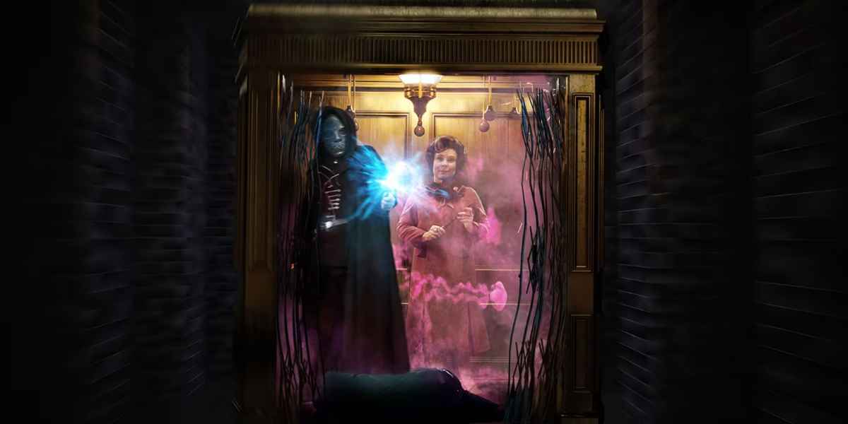 Professor Umbridge (Imelda Staunton) and a Death Eater in a lift at the Ministry of Magic