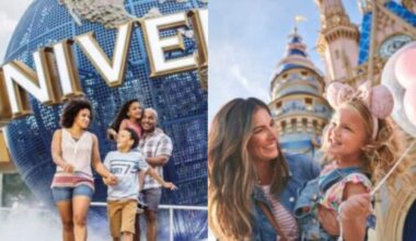Two images side by side: One shows a happy family at Universal Studios Orlando in front of the Universal globe; the other features a woman and a girl with a pink balloon and Mickey ears near the Disney World castle. Both scenes are bright and cheerful. Universal Annual Pass discount