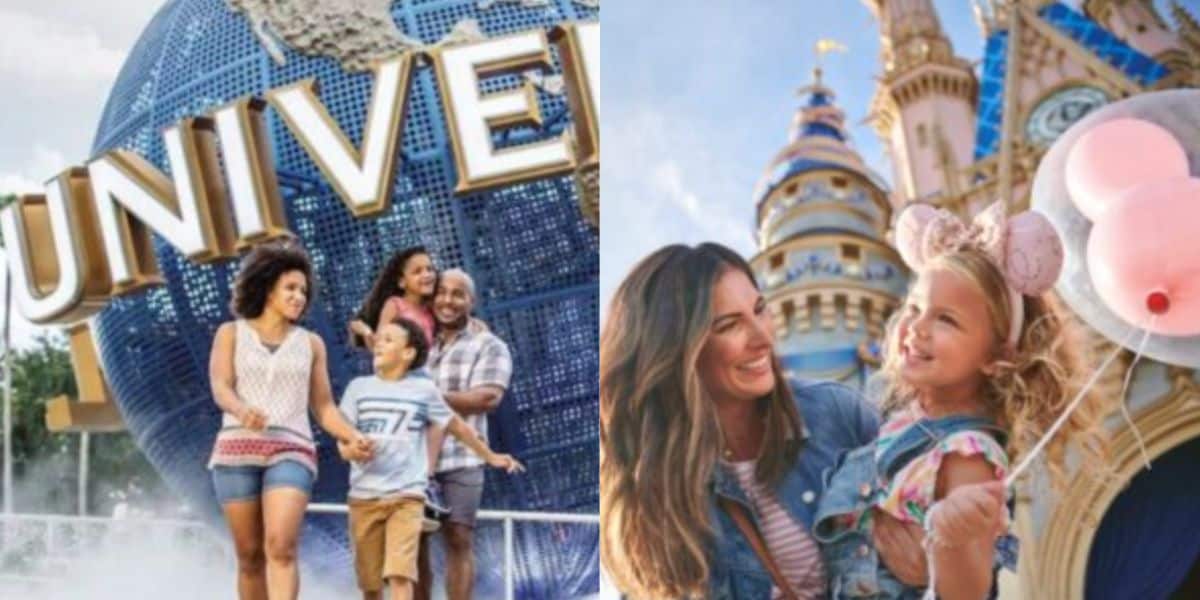 Two images side by side: One shows a happy family at Universal Studios Orlando in front of the Universal globe; the other features a woman and a girl with a pink balloon and Mickey ears near the Disney World castle. Both scenes are bright and cheerful.