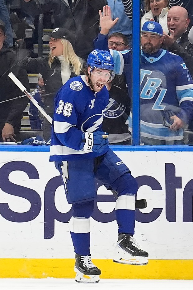 Tampa Bay Lightning left wing Brandon Hagel (38) celebrates his goal against the Utah Mammoth during the third period of an NHL hockey game Monday, Jan. 26, 2026, in Tampa, Fla. (AP Photo/Chris O'Meara)