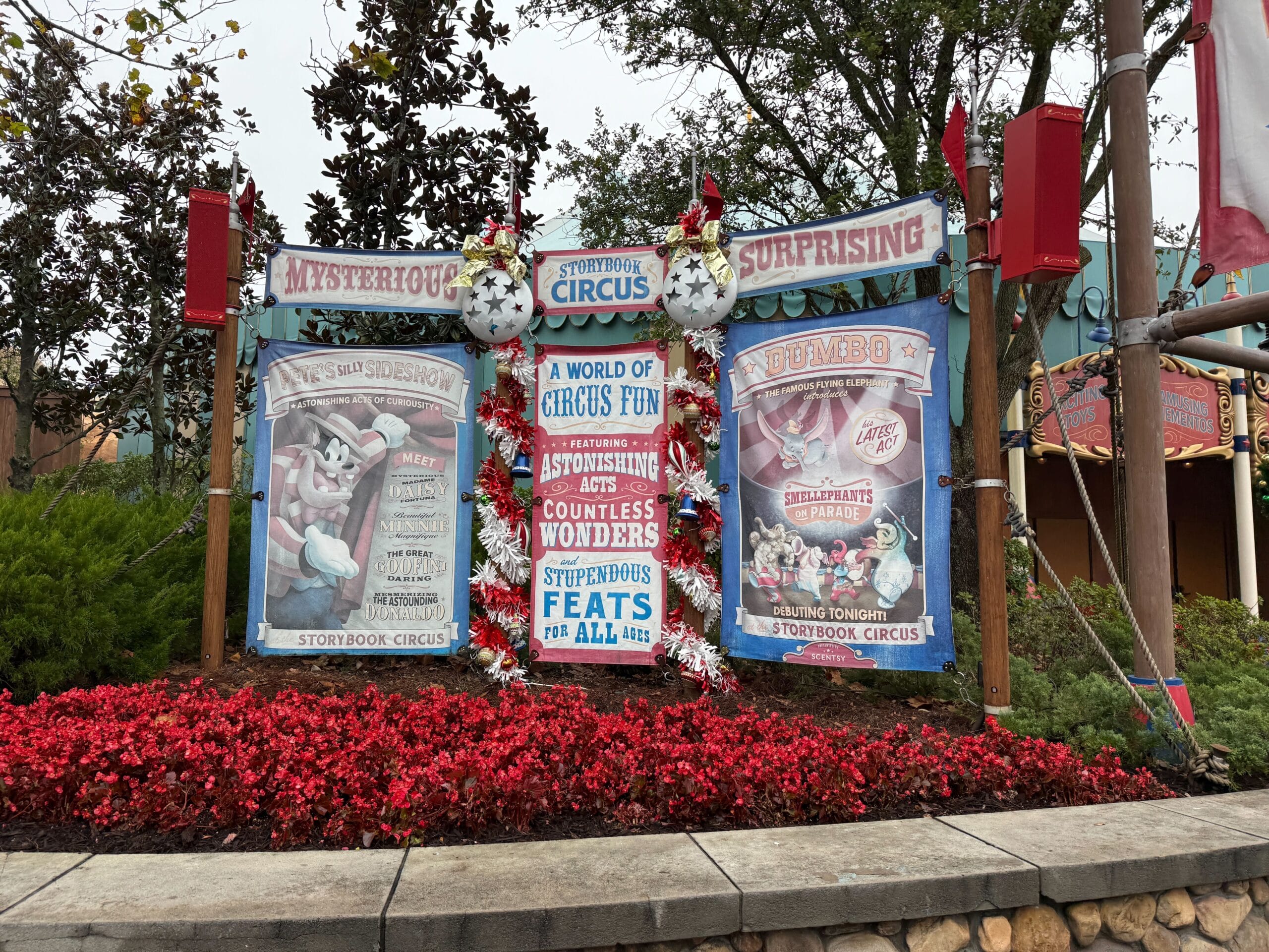Despite the closure, banners advertising Pete's Silly Sideshow are still up at the front of Storybook Circus.
