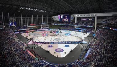 Panthers and Rangers play outdoor hockey game in Miami, replete with snow and fire