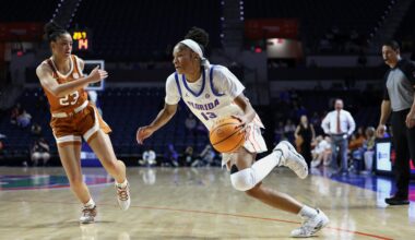 Laila Reynolds drives Thursday during the second half against Texas at the O’Connell Center on Jan. 29.