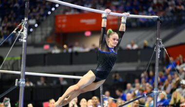 Riley McCusker swings on the bars as Florida gymnastics beat Arkansas on Friday, Jan. 30, in Gainesville.