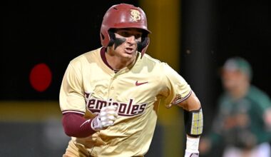 Hunter Carns takes an at-bat during Florida State baseball's exhibition against the University of Alabama at Birmingham.