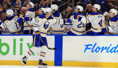 Feb 3, 2026; Tampa, Florida, USA; Buffalo Sabres defenseman Mattias Samuelsson (23) is congratulated after he scored a goal against the Tampa Bay Lightning during the first period at Benchmark International Arena. Mandatory Credit: Kim Klement Neitzel-Imagn Images