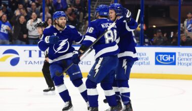 Feb 3, 2026; Tampa, Florida, USA; Tampa Bay Lightning right wing Nikita Kucherov (86) is congratulated by left wing Brandon Hagel (38) and center Jake Guentzel (59)  after he scored a goal against the Buffalo Sabres during the first period at Benchmark International Arena. Mandatory Credit: Kim Klement Neitzel-Imagn Images