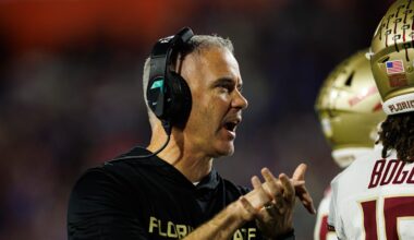 Nov 29, 2025; Gainesville, Florida, USA; Florida State Seminoles head coach Mike Norvell gestures against the Florida Gators during the second half at Ben Hill Griffin Stadium. Mandatory Credit: Matt Pendleton-Imagn Images