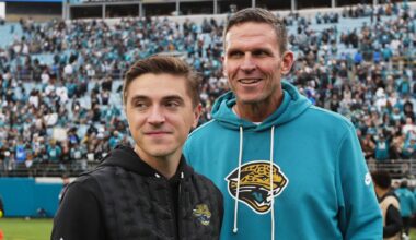 Jan 4, 2026; Jacksonville, Florida, USA; Jacksonville Jaguars general manager James Gladstone (left) and executive vice president of football operations Tony Boselli stand on the field after the game against the Tennessee Titans at EverBank Stadium.