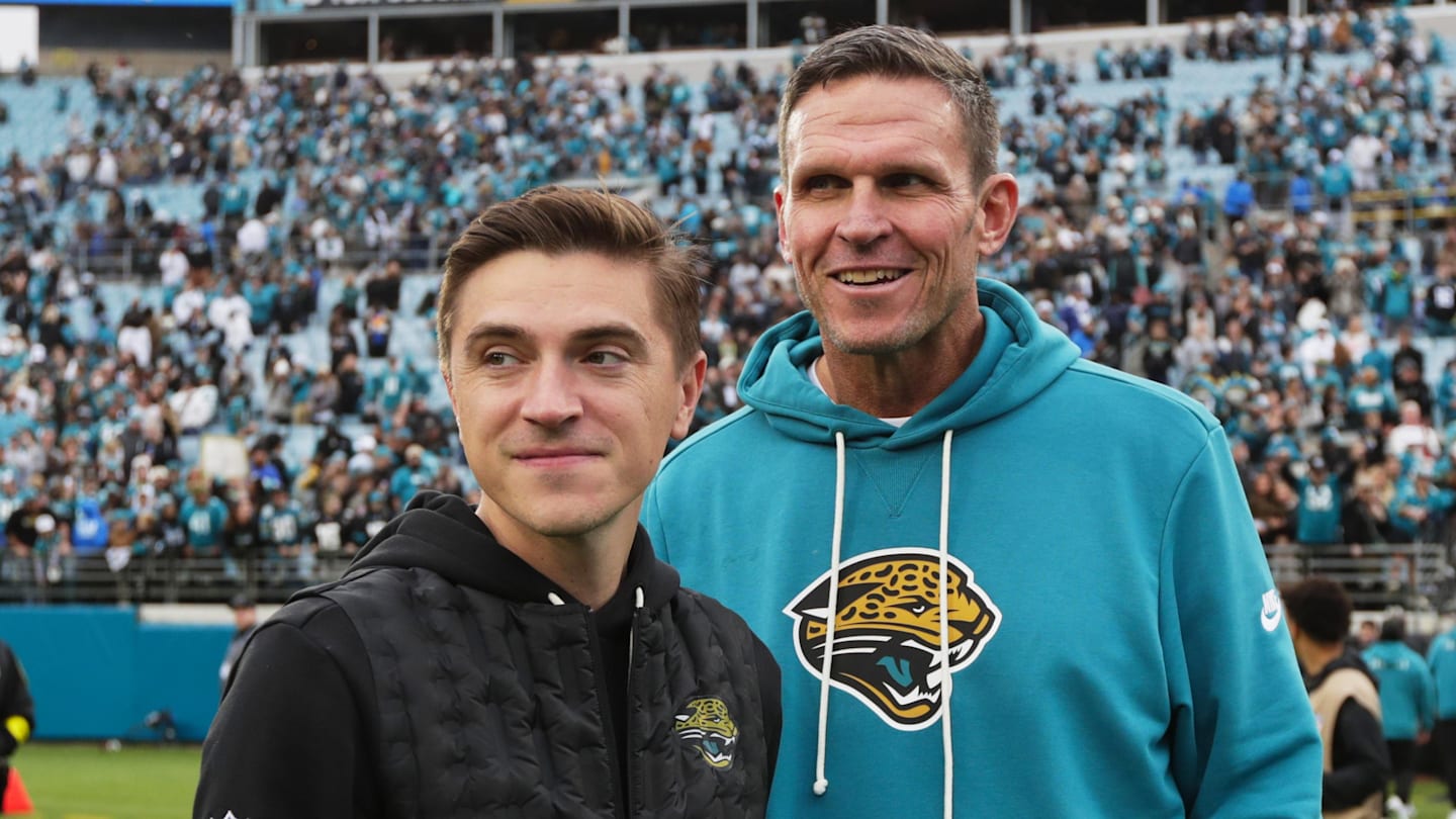 Jan 4, 2026; Jacksonville, Florida, USA; Jacksonville Jaguars general manager James Gladstone (left) and executive vice president of football operations Tony Boselli stand on the field after the game against the Tennessee Titans at EverBank Stadium.