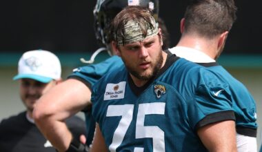 Jul 25, 2024; Jacksonville, FL, USA; Jacksonville Jaguars offensive tackle Cooper Hodges (75) participates in training camp at Miller Electric Center.