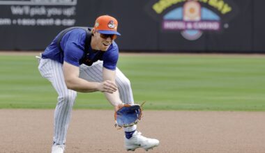 Feb 17, 2026; Port St. Lucie, FL, USA;  New York Mets third baseman Brett Baty (7) fields a ground ball during the New York Mets spring training workouts at Clover Park. Mandatory Credit: Reinhold Matay-Imagn Images
