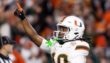 Jan 19, 2026; Miami Gardens, FL, USA; Miami Hurricanes wide receiver Malachi Toney (10) celebrates after scoring a touchdown against the Indiana Hoosiers during the College Football Playoff National Championship game at Hard Rock Stadium. Mandatory Credit: Mark J. Rebilas-Imagn Images