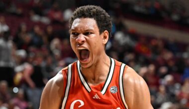 Feb 24, 2026; Tallahassee, Florida, USA; Miami Hurricanes forward Malik Reneau (5) celebrates after a play during the second half against the Florida State Seminoles at Donald L. Tucker Center. Mandatory Credit: Melina Myers-Imagn Images