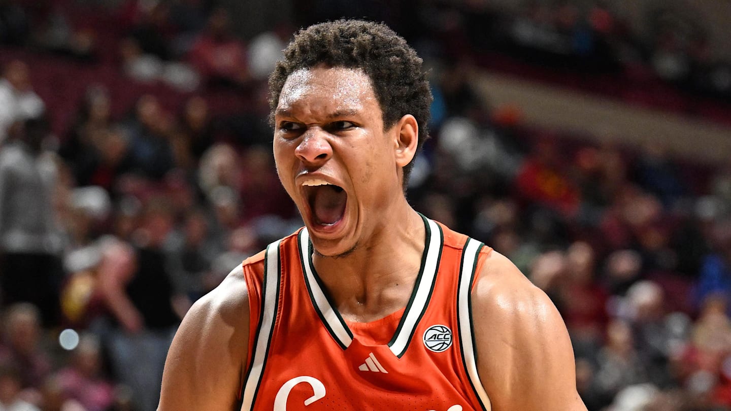 Feb 24, 2026; Tallahassee, Florida, USA; Miami Hurricanes forward Malik Reneau (5) celebrates after a play during the second half against the Florida State Seminoles at Donald L. Tucker Center. Mandatory Credit: Melina Myers-Imagn Images