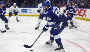 Feb 25, 2026; Tampa, Florida, USA; Tampa Bay Lightning forward Nikita Kucherov (86) controls the puck against the Toronto Maple Leafs during the third period at Benchmark International Arena. Mandatory Credit: Morgan Tencza-Imagn Images