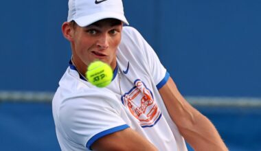 UF's Henry Jefferson hits the ball during the UF vs. FGCU match at the Alfred A. Ring Tennis Complex in Gainesville, Fla., Sunday, Feb. 2, 2025.