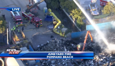 Fire spreads through junkyard in Pompano Beach; crews work to extinguish flames - WSVN 7News | Miami News, Weather, Sports