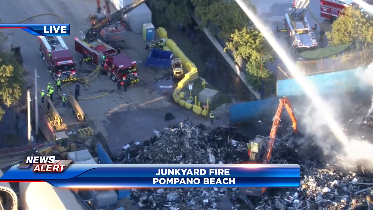 Fire spreads through junkyard in Pompano Beach; crews work to extinguish flames - WSVN 7News | Miami News, Weather, Sports
