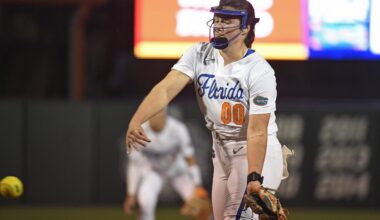 Florida right-handed pitcher/first base Ava Brown (0) pitches as the Florida Gators faced the North Florida Ospreys on Feb. 6, 2025.