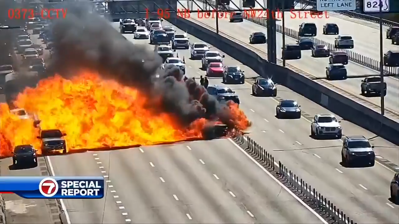 Car bursts into flames, shutting down NB I-95 near Copans Road in Pompano Beach - WSVN 7News | Miami News, Weather, Sports