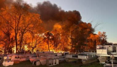 Marion County Fire Rescue battle the “Dunnellon Railroad Tie Fire.” The fire, which started on Feb. 1 and was extinguished the next day, caused health concerns because the wooden railroad ties were chemically treated. (Marion County Fire Rescue)