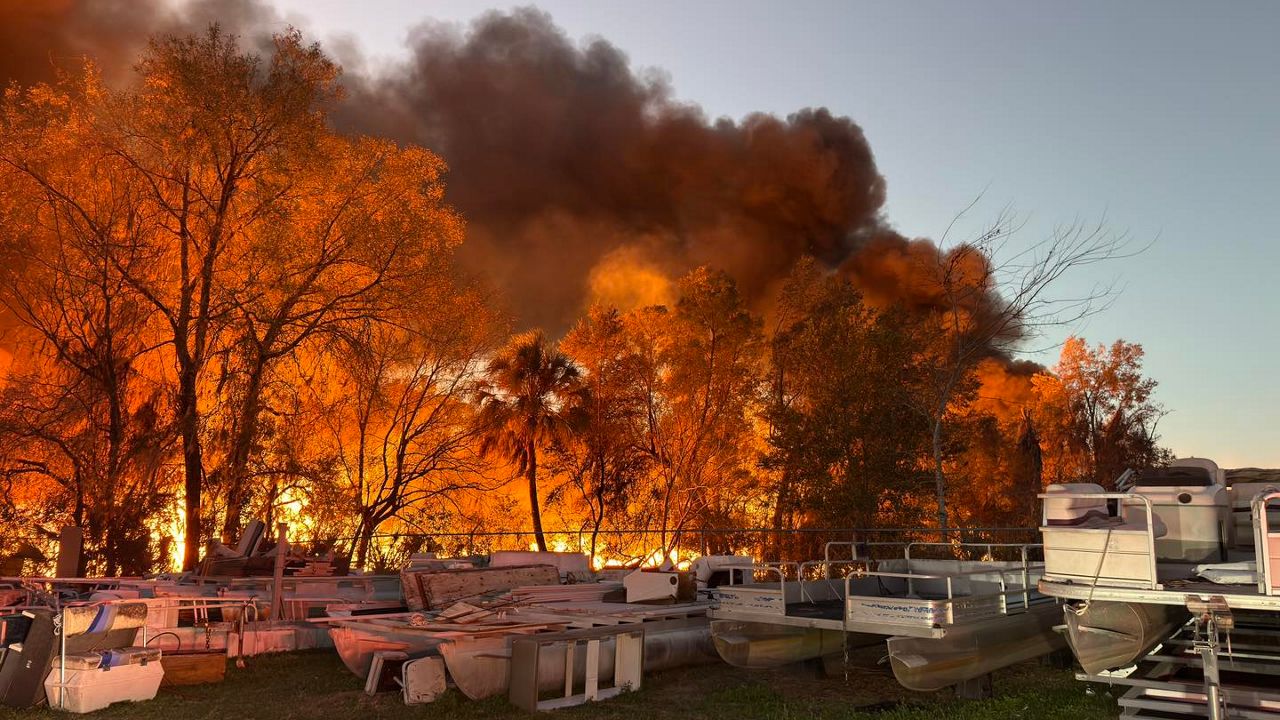 Marion County Fire Rescue battle the “Dunnellon Railroad Tie Fire.” The fire, which started on Feb. 1 and was extinguished the next day, caused health concerns because the wooden railroad ties were chemically treated. (Marion County Fire Rescue)