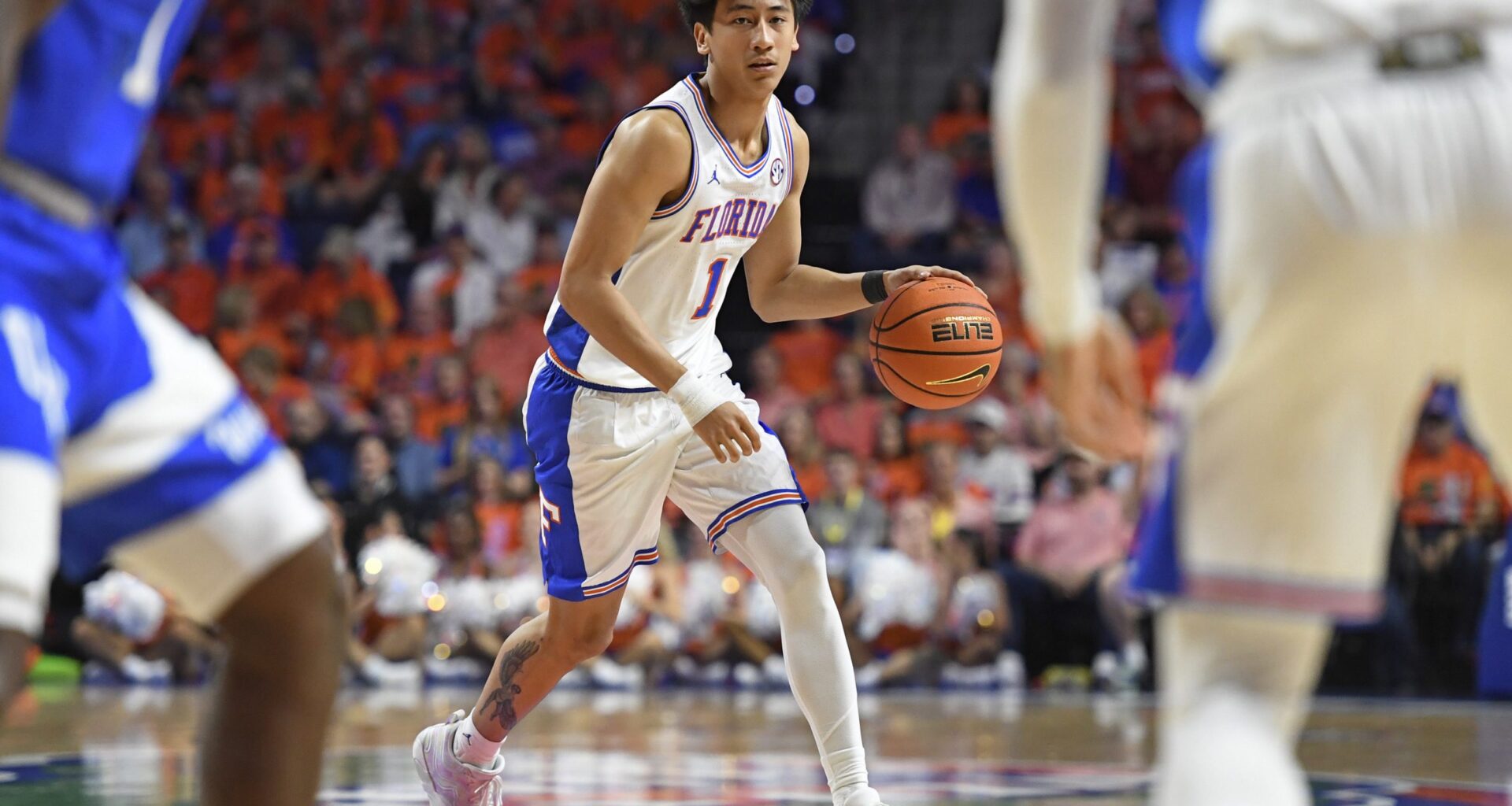Florida guard Xavian Lee (1) dribbles as the Florida Gators face the Kentucky Wildcats at the Stephen C. O’Connell Center on Saturday, Feb. 14, 2026, in Gainesville, Fla.