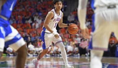 Florida guard Xavian Lee (1) dribbles as the Florida Gators face the Kentucky Wildcats at the Stephen C. O’Connell Center on Saturday, Feb. 14, 2026, in Gainesville, Fla.