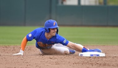 Florida baseball utility player Ashton Wilson slides into second base.