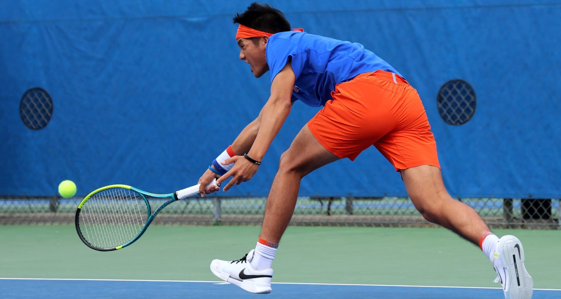 UF men’s tennis junior Tanapatt Nirundorn returns a ball during doubles play against the Auburn Tigers on Saturday, Feb. 22, 2025, at the Alfred A. Ring Tennis Complex in Gainesville, Fla. (Ella Thompson/WRUF)